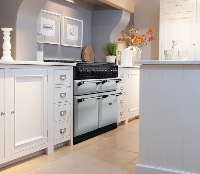 AGA Masterchef Deluxe 110 Dual Fuel in Pearl Ashes in white kitchen