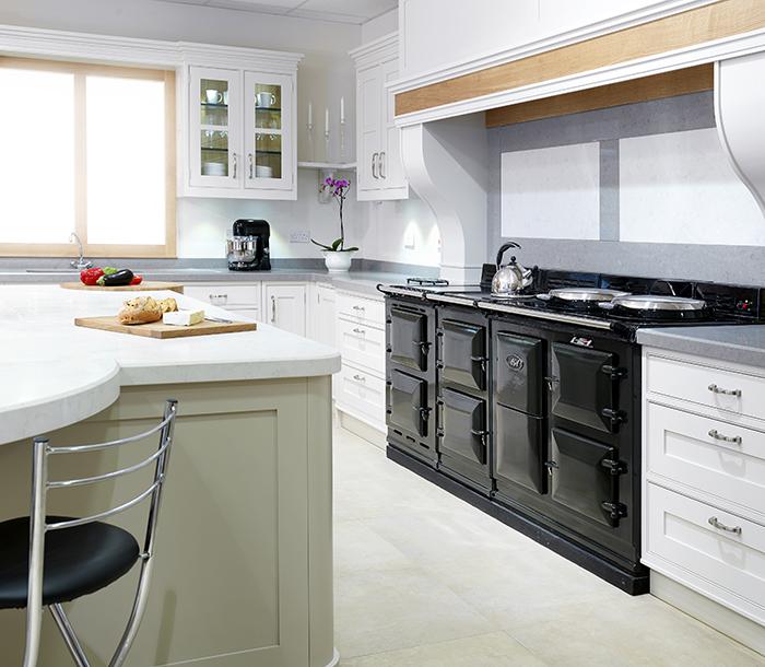 Traditional AGA R5 Series Cooker in Black with white cabinets 